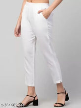 White cotton blend trousers for women, solid pattern, elevate casual chic style, quality fabric, tailored fit, comfortable and breathable