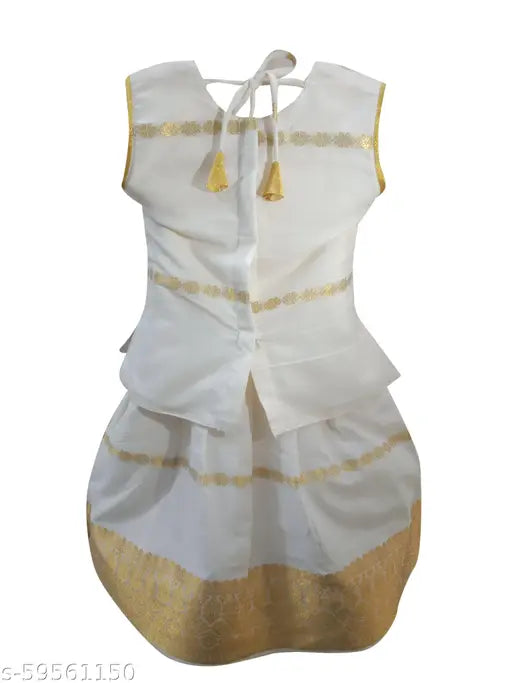 Kids' traditional Kerala Pattu Pavadai & Lehanga Choli set, cotton fabric, sleeveless, solid pattern, ready-to-wear for festivals. Indian handcrafted