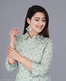 Women's floral printed green rayon co-ord set, stylish and versatile for formal or informal wear, three-quarter sleeves coordinating top and bottom