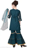 Green Georgette Floral Printed Anarkali Sharara & Dupatta Set for Kids Partywear