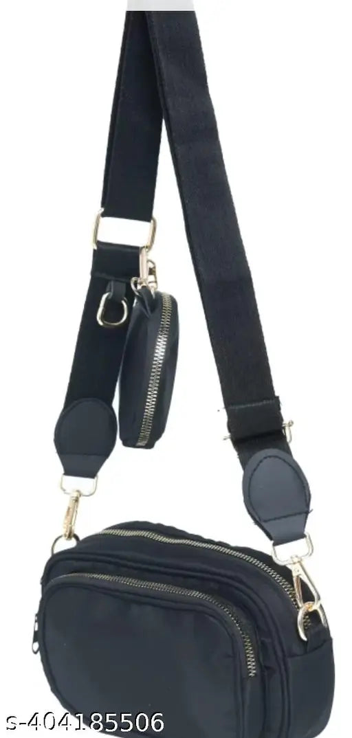 Black canvas and leather women's sling bag with one compartment and one pocket, perfect for travel organizing. Solid design by DENLLY, exclusive in India