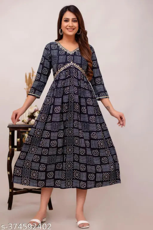 Rayon printed Anarkali Kurta in various sizes (S-50), Indian traditional women's clothing with three-quarter sleeves