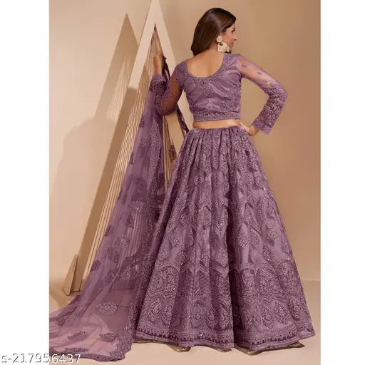 Trendy net embroidered lehenga-choli set for women party wear, embellished top and dupatta, semi-stitched (waist 44in, length 42in, dupatta 2.3in), from India