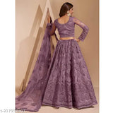 Trendy net embroidered lehenga-choli set for women party wear, embellished top and dupatta, semi-stitched (waist 44in, length 42in, dupatta 2.3in), from India