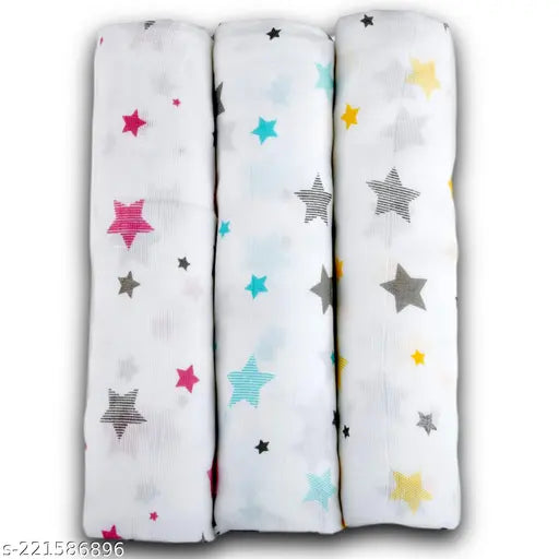 Cotton Muslin Swaddle Set (Multi-Star), 3-pack, soft & breathable for newborns, ideal for mild winter, perfect gift for babies