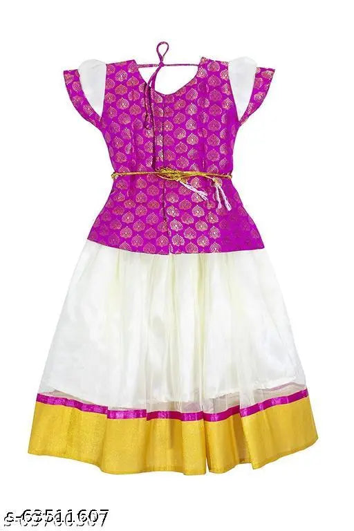 Trending South Style Printed Chanderi Silk Lehenga with Colorblocked Short Sleeves and Stitched Net, Indian children's clothing for 6-8 years