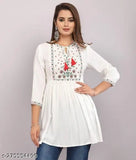 White Rayon Pleated Kurti with Ethnic Embroidery, calf-length, round neck, three-quarter sleeves - Indian handcrafted embroidered kurti for daily wear