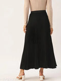 Crepe, solid-colored maxi flared accordion pleat skirt for women. ZWERLON brand, versatile and elegant design. Displayed with sizes 26 to 38 (waist 26-38in, length 38in), origin: India