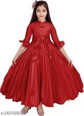 Stylish green silk blend gown dress for girls, solid net pattern, three-quarter sleeves