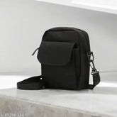 Black fabric sling bag with embroidered net pattern for girls, free size (12in x 12in x 12in), Indian-made handbag accessory