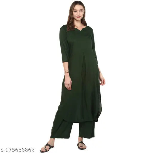 Green Rayon Kurta & Palazzos set for women, solid color, three-quarter sleeves, India origin