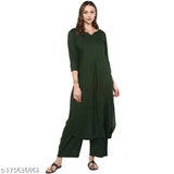 Green Rayon Kurta & Palazzos set for women, solid color, three-quarter sleeves, India origin