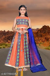 Orange cotton lehenga choli set for girls, handcrafted Indian ethnic wear with dupatta and net fabric