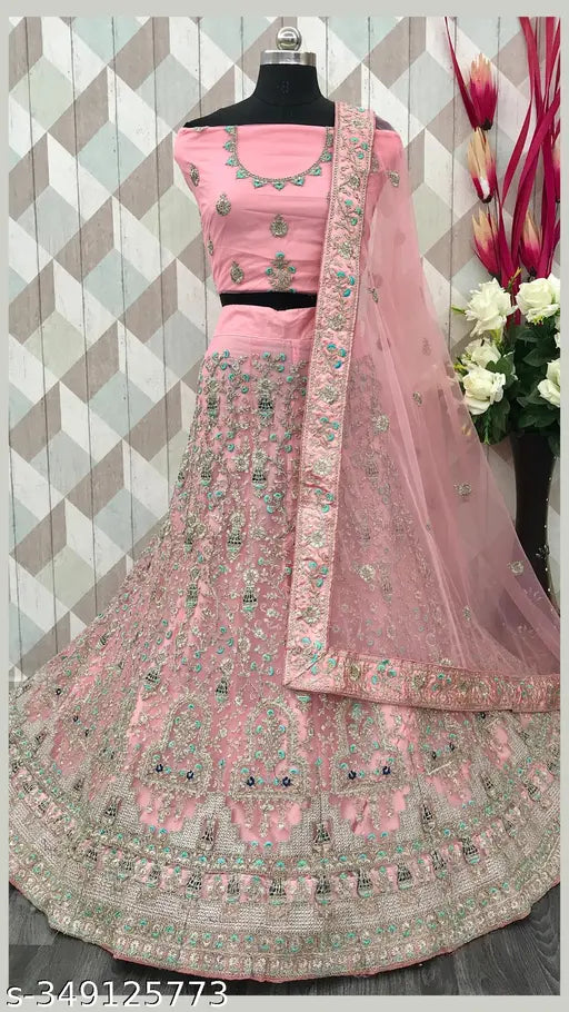 Latest pink net designer lehenga choli with dupatta and semi-stitched blouse, embroidered embellishments, free size, best for regular occasions