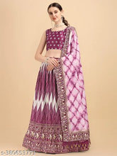 Purple satin digital print designer lehenga choli with chevron dupatta, free size, floral and tie-dye patterns