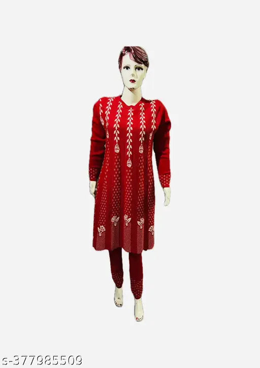 Wool three-quarter sleeve kurta set with printed pajamas, fancy Indian woolen frock and pants with knitting work