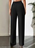 Cotton blend, solid black regular fit women's trousers for casual occasions and everyday wear