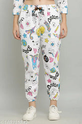 Denim-printed women's jeggings, 100% cotton, quirky collection. Close-up image of cool season jeggings on model