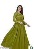 Green rayon embellished full-sleeve Anarkali gown for women, India