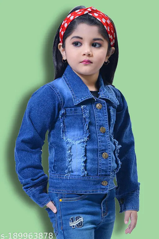 Blue denim stretchable kids' jacket with washed finish, ideal for fashion-forward looks in winter