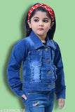 Blue denim stretchable kids' jacket with washed finish, ideal for fashion-forward looks in winter