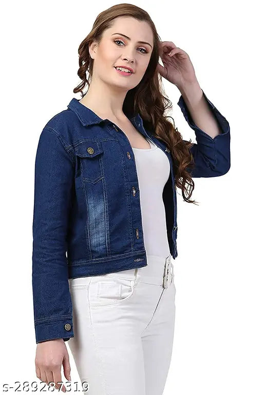 Dark blue denim jacket for women and girls, long sleeves, solid washed fabric, machine washable, slim fit