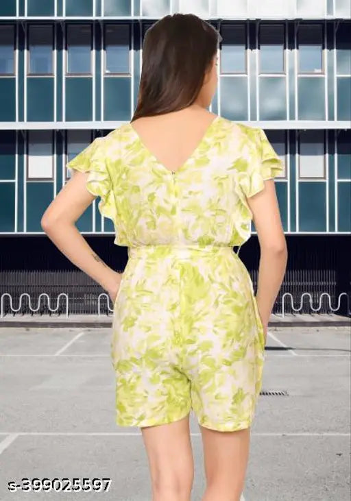 Ladik Way Light Green Printed Short Jumpsuit, belted, V-neck, side pocket, rayon fabric - versatile fashion staple for women & girls in India