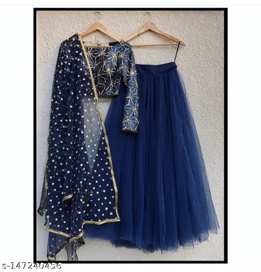 Blue satin-net Lahengha Choli with embroidered details and solid dupatta, semi-stitched Indian traditional outfit for women