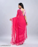 Women's Georgette frills design saree with unstitched blouse piece, solid pattern embellished in embroidered net - Indian fashion accessory