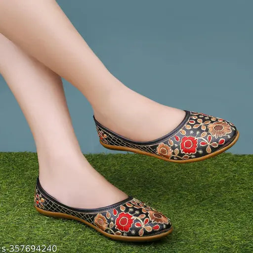Synthetic leather Shozie Jaipuri Juti Bellies for women - embellished flat boots on display in various sizes (IND-3 to IND-8) from India