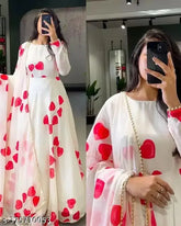 Trending Georgette printed net gown with long sleeves and matching duppatta for women, size S (36in bust, 50in length, 32in waist, 39in hip). Indian fashion wear on mannequin