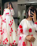 Trending Georgette printed net gown with long sleeves and matching duppatta for women, size S (36in bust, 50in length, 32in waist, 39in hip). Indian fashion wear on mannequin