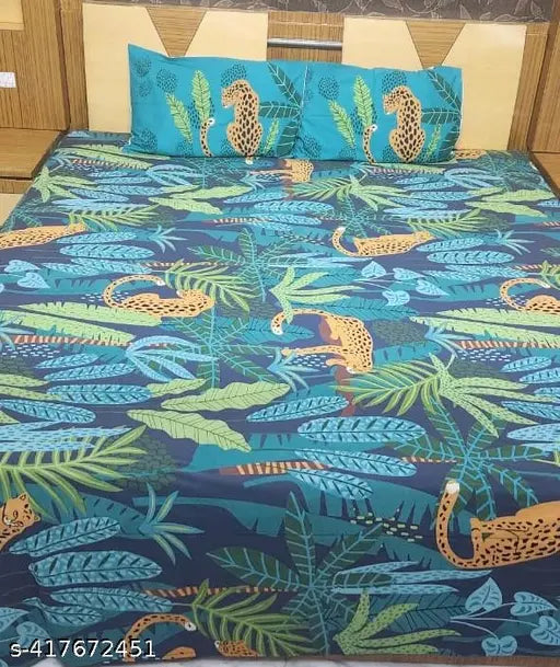 Navy jungle screen print, 100% cotton flat sheets for summer, superfine quality. Set includes 2 pillow covers, ideal for adults. Pure cotton bed linen from India." (114 characters)