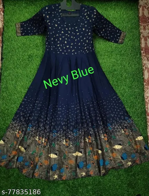 Gold rayon kurti with three-quarter sleeves, printed combo design in Indian style