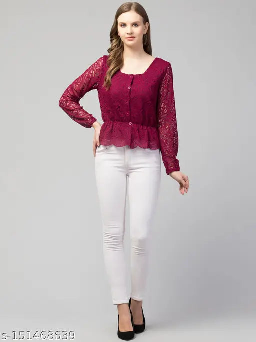 White lace bishop sleeve peplum top, self-designed floral pattern, long sleeves, M size (36in bust, 22in length)