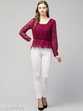 White lace bishop sleeve peplum top, self-designed floral pattern, long sleeves, M size (36in bust, 22in length)