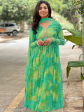 Multi-color anarkali kurti set with dupatta, gota patti style, three-quarter sleeves on Georgette fabric. Women's party wear fashion gown with included dupatta (no pant)