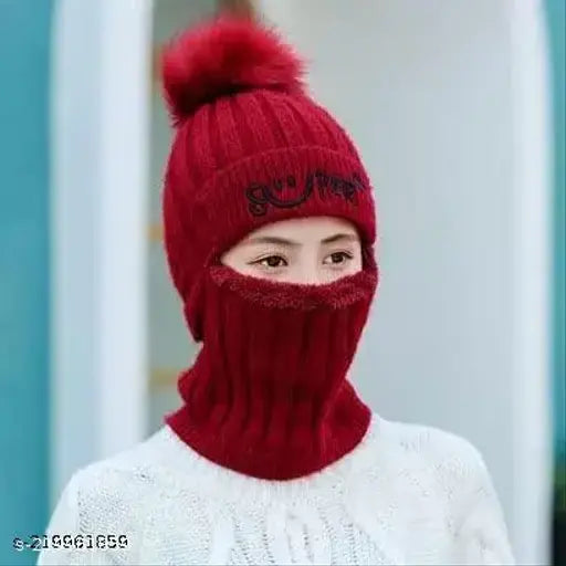 Woolen winter monkey cap for women & girls, stylish balaclava hat with face cover, extra soft & comfortable, 100% acrylic, India origin