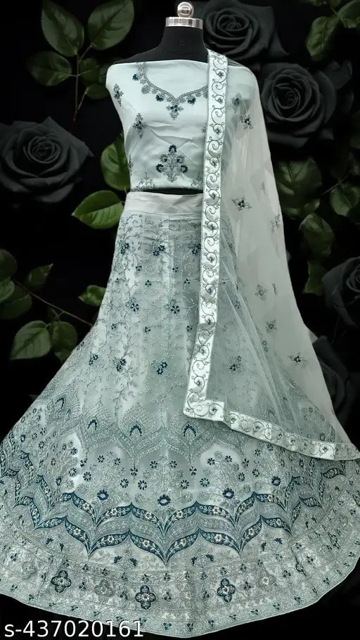 New Designer Embroidered Lehenga-Choli set in net fabric, free size with 2.5m dupatta for regular occasions
