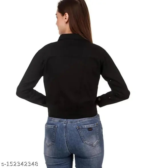 Black & white denim combo jacket for women, long sleeves, solid pattern, available in S, L, and XL sizes