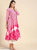 Rayon printed Anarkali gown, three-quarter sleeves, pink check pattern with mirror work for women and girls (S: 36in x 50in, M: 38in x 50in, L: 40in x 50in, XXL: 44in x 50in) - Indian rayon kurti for long wear