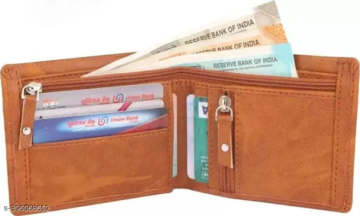 Gold PU leather bi-fold wallet by Zhermack Trendy Men, features 2 compartments, 4 card slots, chain pocket, flip ID, secret slots, and solid design. Skin-like feel, free size (11cm x 9cm). Made in India