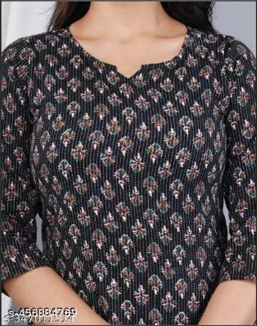 Black floral print cotton kurti set for women, rayon fabric, three-quarter sleeves, pyjamas style