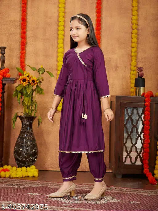 Purple silk kurti & patiala set with solid sequins lace work, for girls aged 5-11 years, Indian ethnic wear