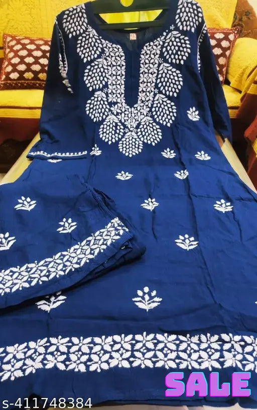 Embroidered rayon Chickankari kurti and palazzos set, Indian ethnic wear with three-quarter sleeves