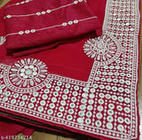 Georgette Embroidered Lace sari with sequin pallu and separate blouse, free size, Indian craftsmanship on display