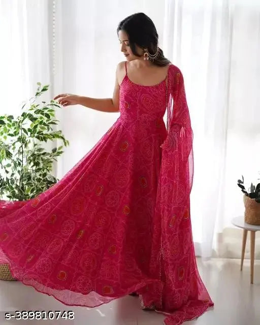 Georgette Kangana Bandhani style sleveless gown with lace border dupatta set, vibrant Indian fashion for women