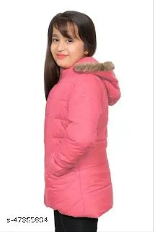 Peach nylon jacket for girls, solid pattern, warm and comfortable, 5-6 years size