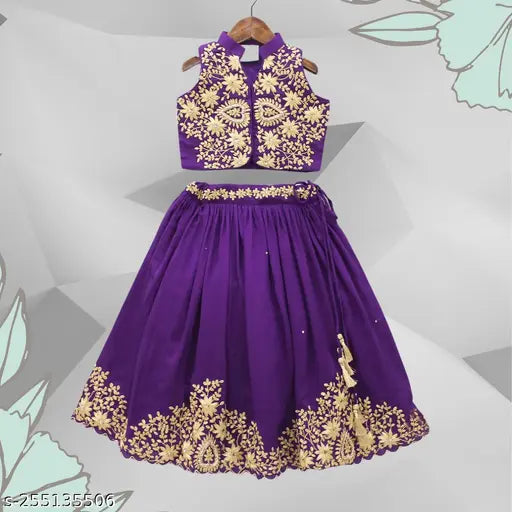 Harsh fab kids girls soft silk embroidered crop top & lehenga set, Indian-made with zari thread embroidery on taffeta silk, sleeveless, 21-28 inch lehenga lengths for sizes 2-8 years