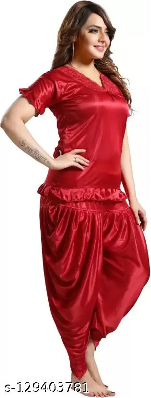 Maroon satin women's night suit with dhoti-kurta style, comfortable and soft for a unique Patiala ensemble